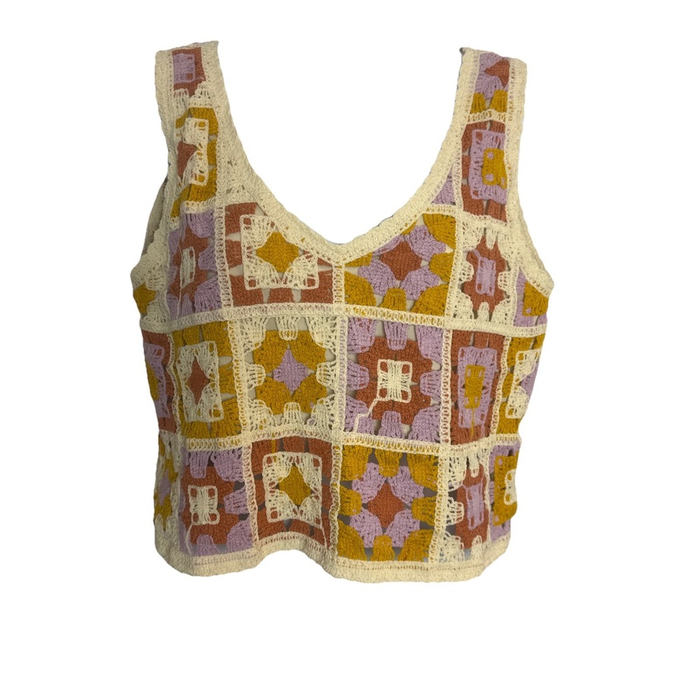 Rebellion‎ Womens Tank Top Med Multi Crochet Patchwork Granny Square Crop Boho